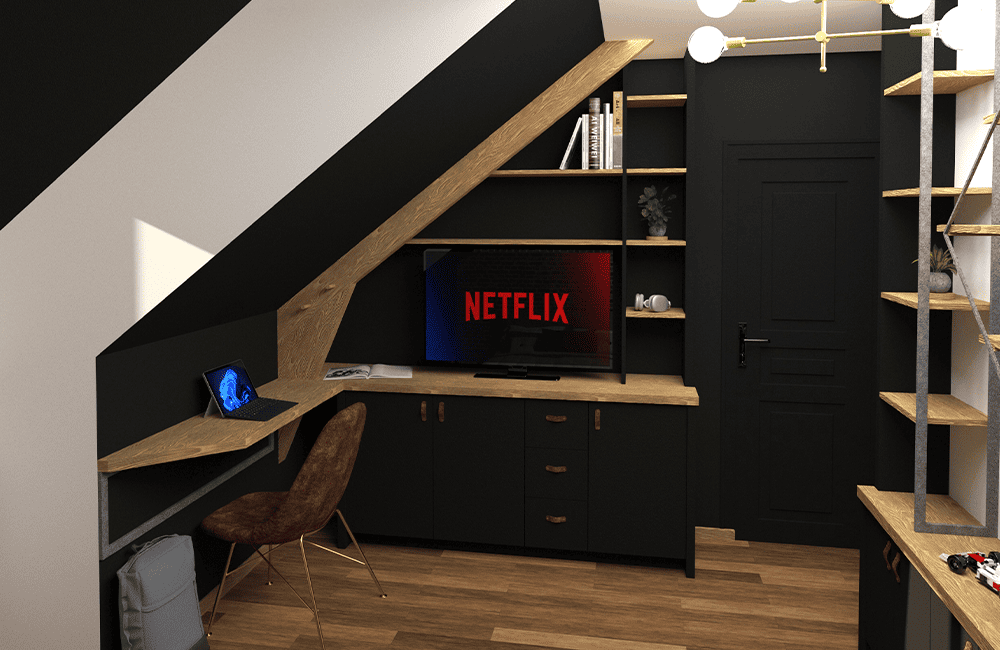 - Meuble TV sur mesure dans une chambre aux inspirations industrielles
