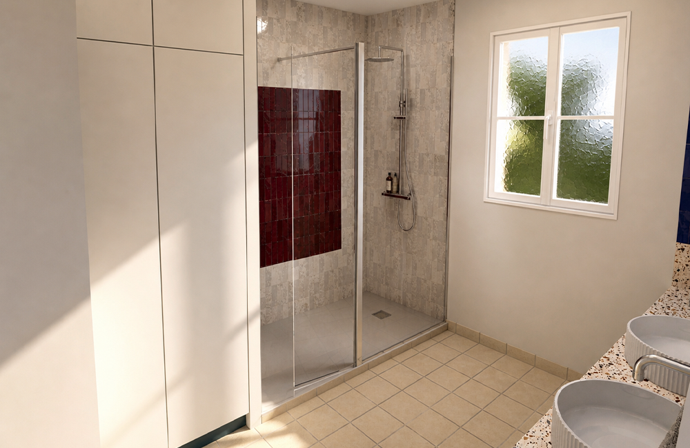 Réaménagement salle d’eau contemporaine avec douche et zelliges rouges