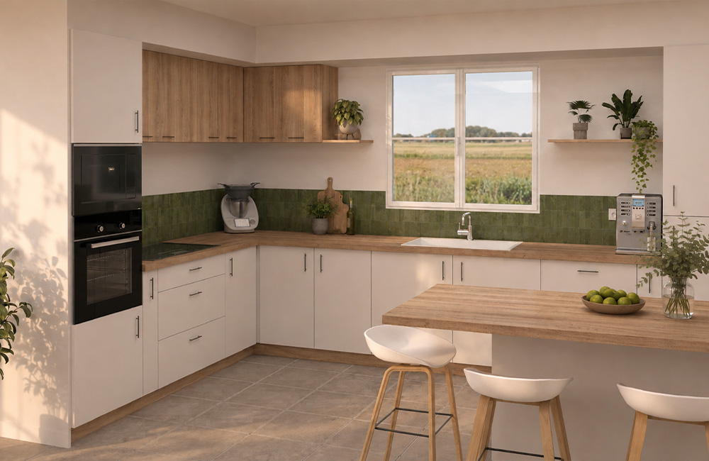 Aménagement d'une cuisine ouverte sur mesure avec îlot et rangements