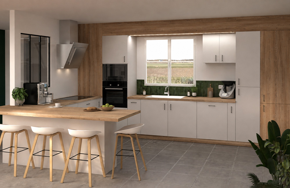 Cuisine ouverte blanche et bois avec grand espace bar