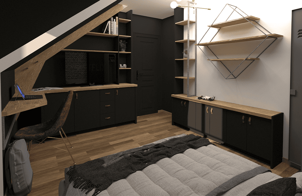 Chambre industrielle avec mobilier sur mesure et bureau intégré