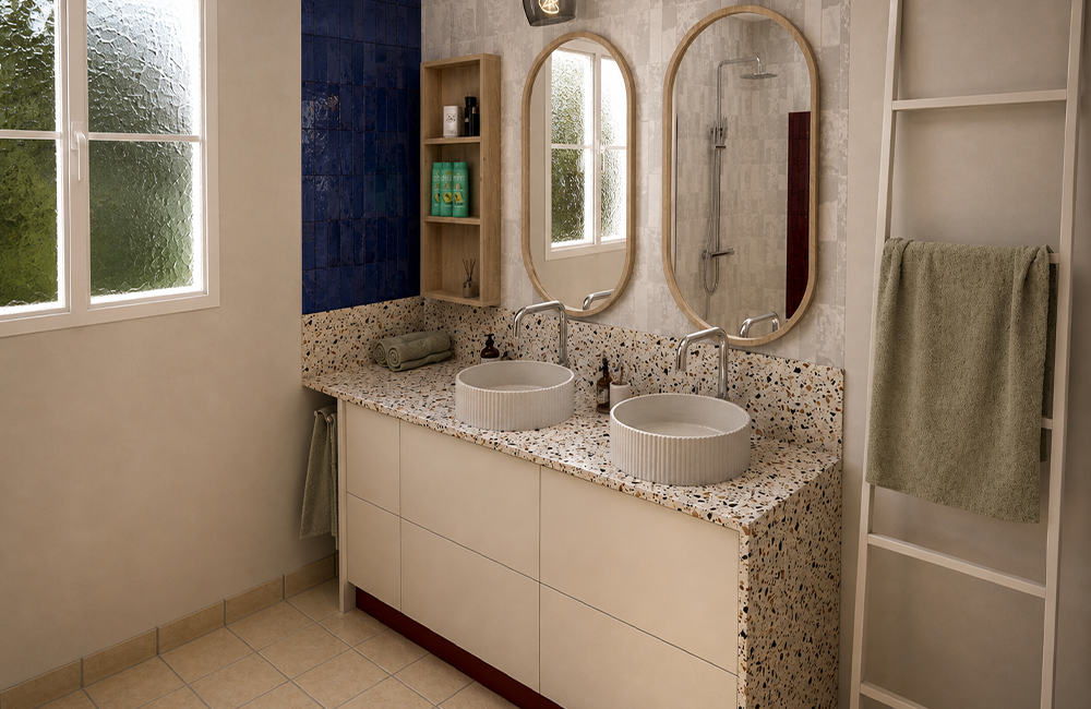 Meuble double vasque sur mesure avec plan terrazzo et zelliges bleus