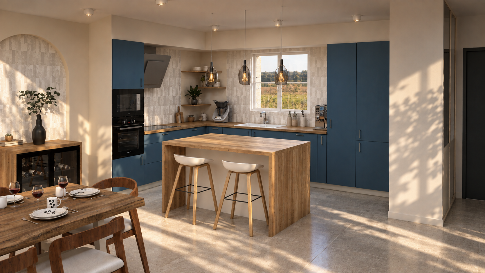 Cuisine ouverte sur mesure bleue avec îlot central en bois et espace salle à manger